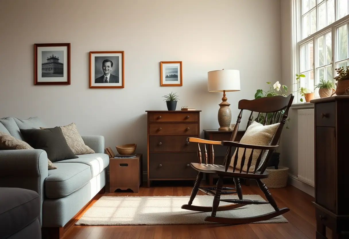 Un fauteuil en bois dans un coin de salon accueillant invite à la réflexion