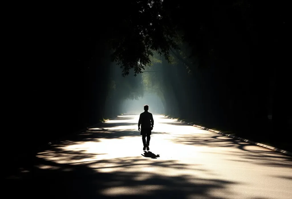 Un profil d'une personne se promenant seule sur un chemin bordé d'arbres, éclairé naturellement