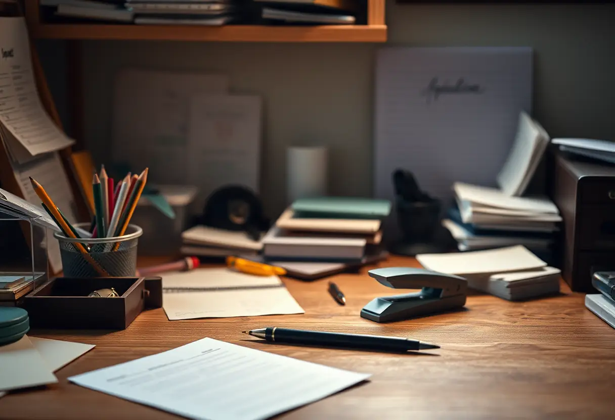 Un bureau en bois avec divers objets, sous une lumière douce, évoquant la réflexion et le planification