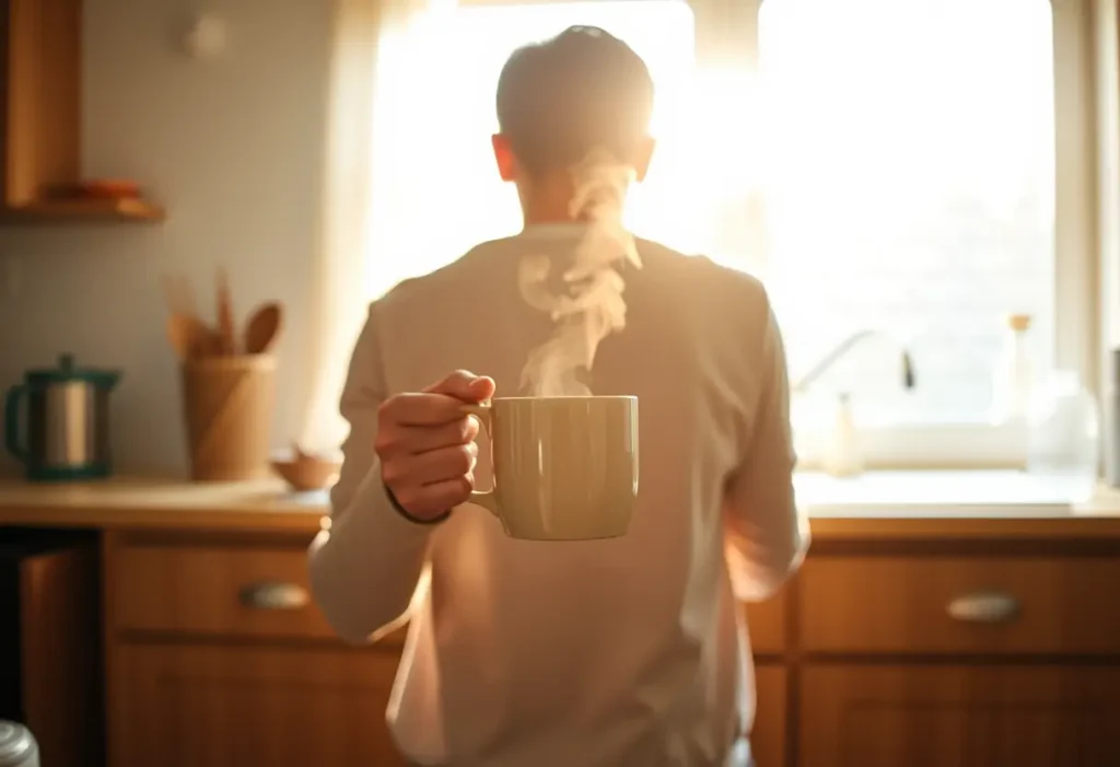 Une silhouette se tient derrière une kitchenette, tenant une tasse fumante de thé, lumière du matin qui souligne la vapeur.