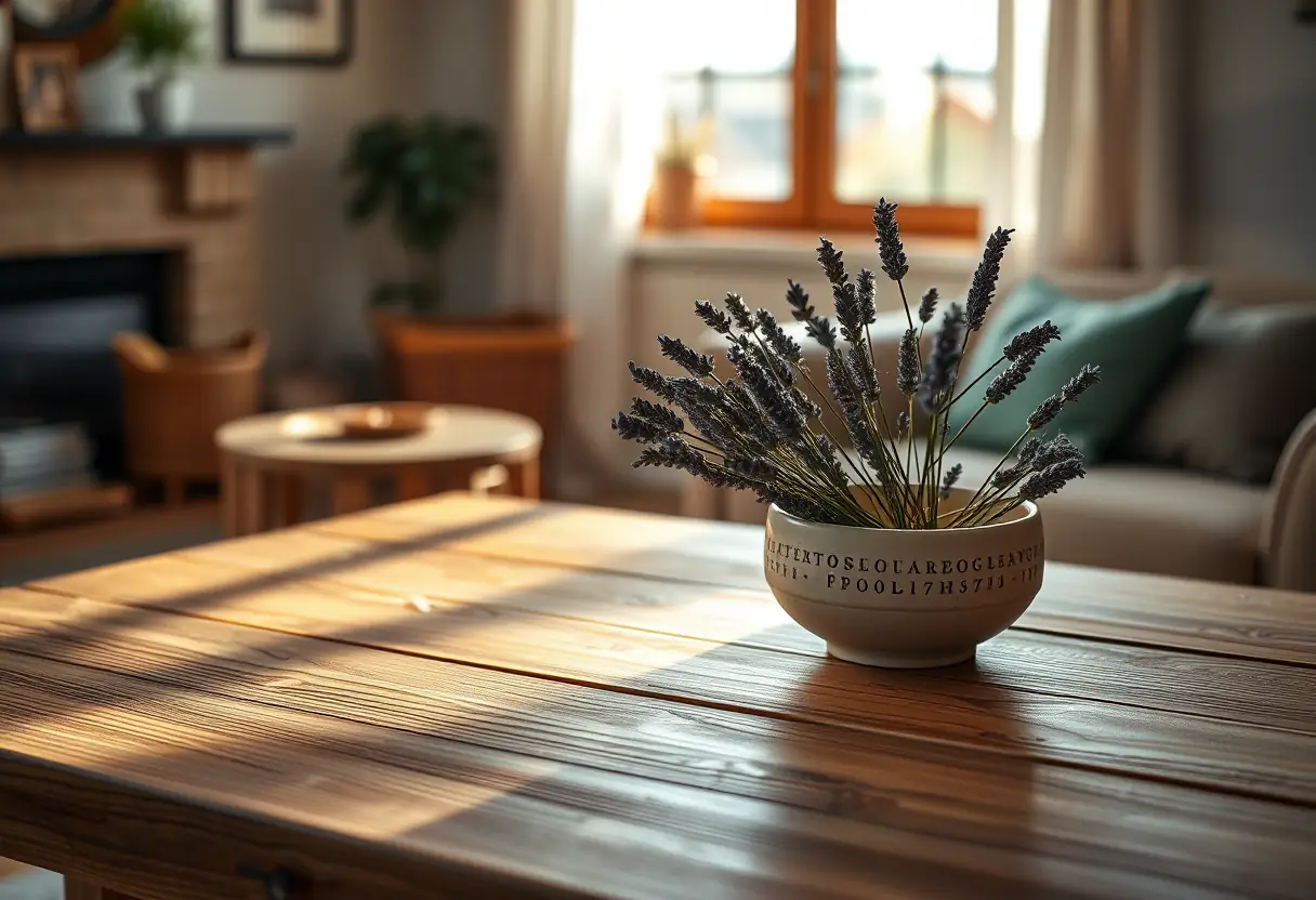 Un bureau en bois dans un salon accueillant, orné d'un bol en céramique contenant des fleurs de lavande sèches, lumière chaleureuse qui crée une atmosphère apaisante.