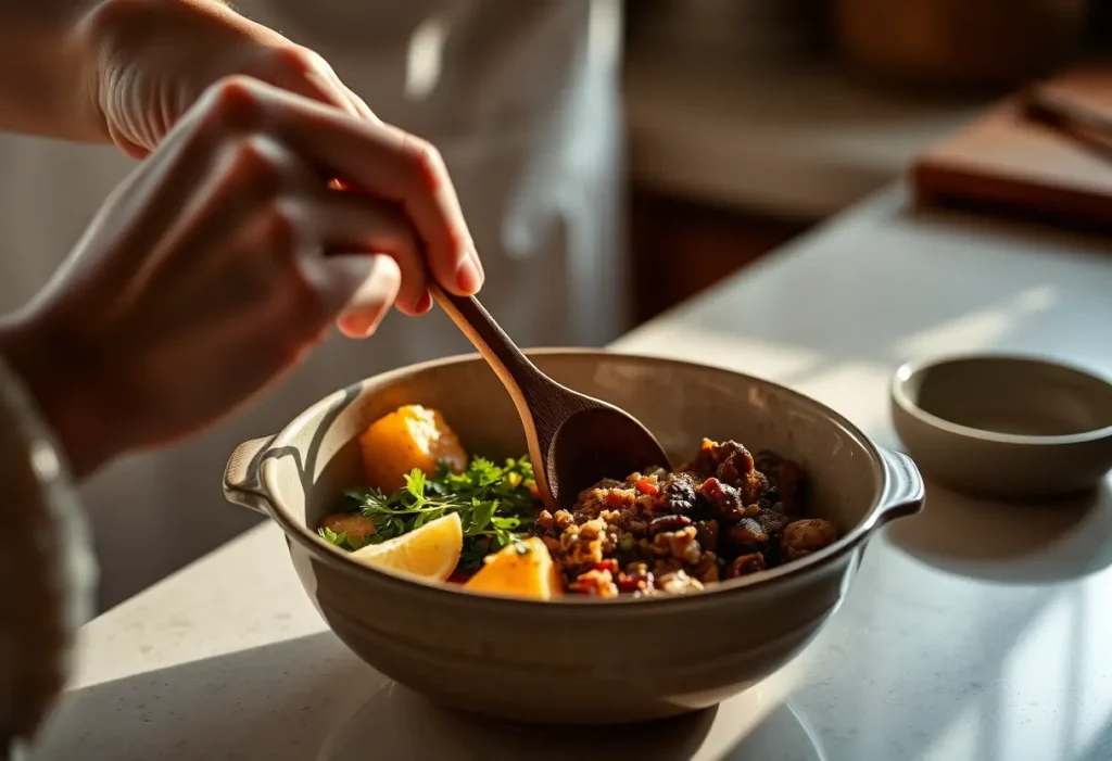 Une main posant une cuillère en bois dans une casserole, symbolisant la préparation d'un dîner romantique pour retrouver le désir.