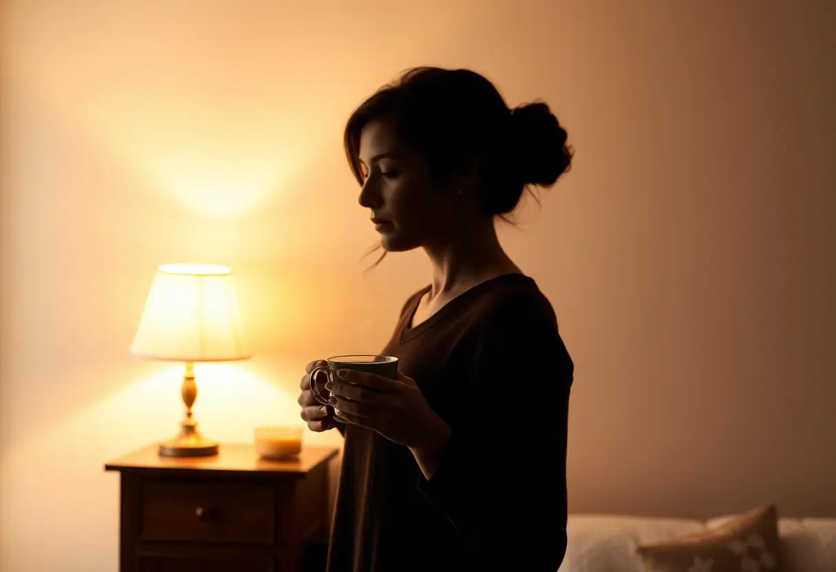 Une silhouette d'une femme tenant une tasse de thé, évoquant la détente et la gestion du stress pour augmenter la libido.