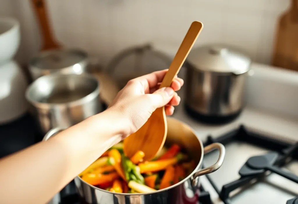 Main : Une main féminine tient une cuillère en bois en remuant une casserole de légumes, symbolisant le soin de soi.