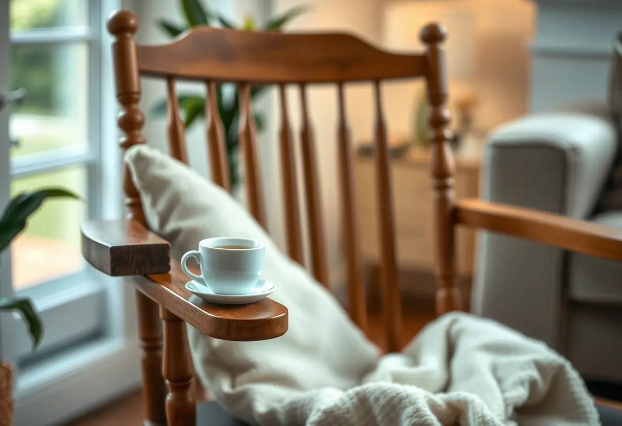 Texte alternatif : Un fauteuil en bois dans un salon accueillant, une tasse de thé herboristerie posée sur le bras, représentant le temps de détente.