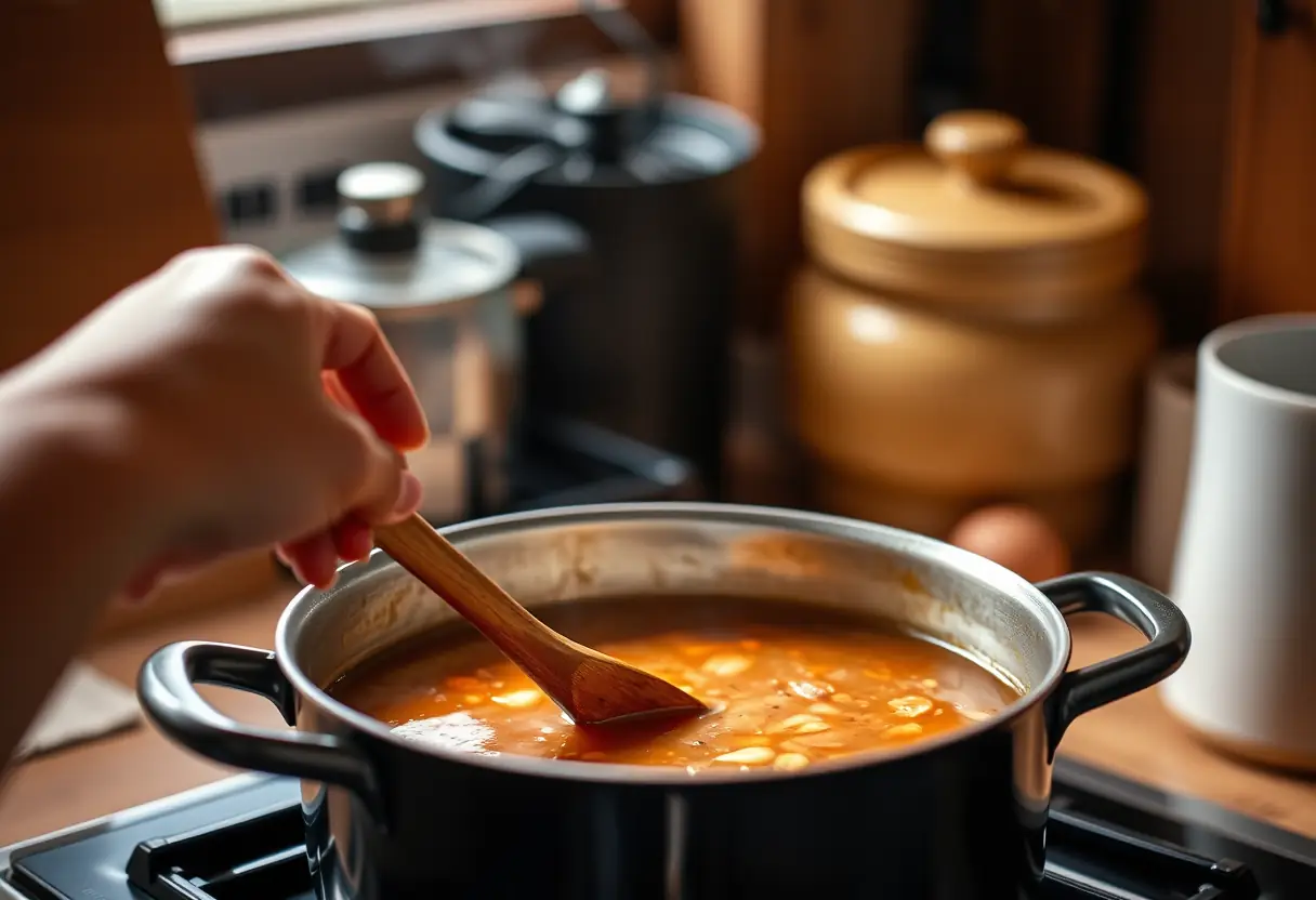 Une main féminine tenant une cuillère en bois au-dessus d'une marmite de soupe, symbolisant la cuisine comme outil de bien-être