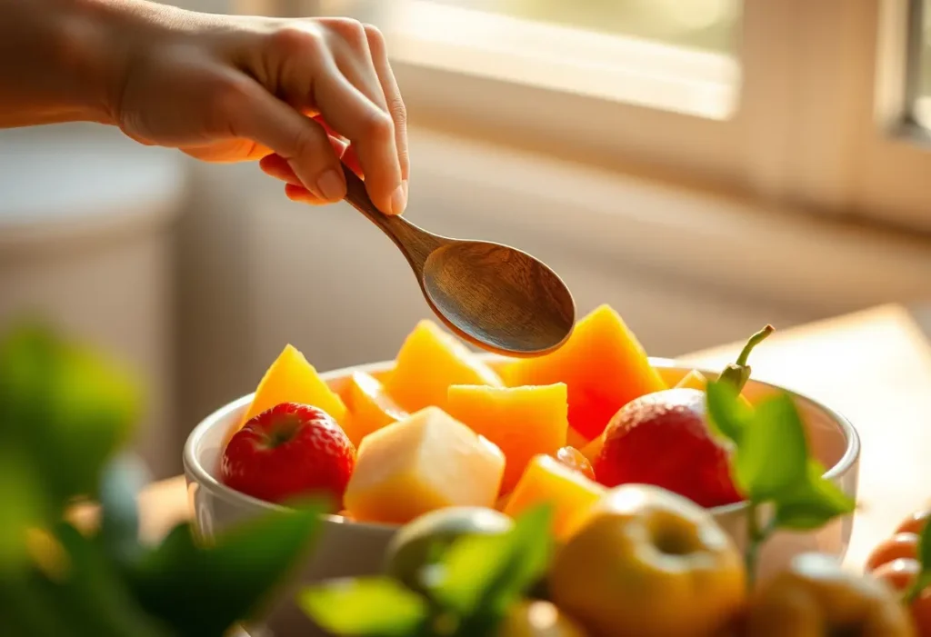 Main du bien-être féminin tenant une cuillère en bois près de fruits frais