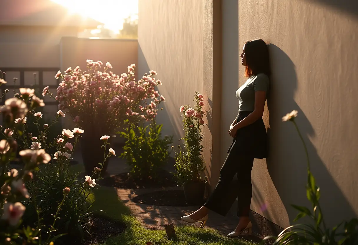 Silhouette féminine dans un jardin fleuri, symbole de renouveau intime