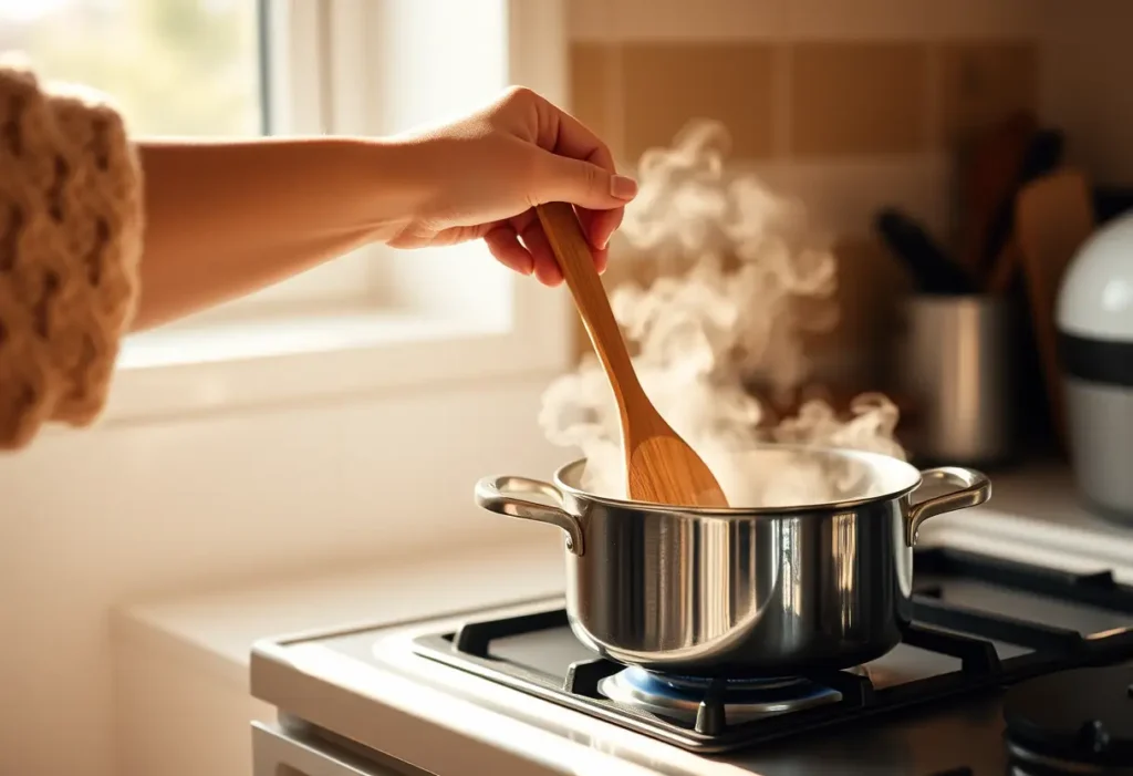 Une main féminine tient une cuillère en bois au-dessus d'une casserole sur la cuisinière, symbolisant le bien-être et la sérénité.