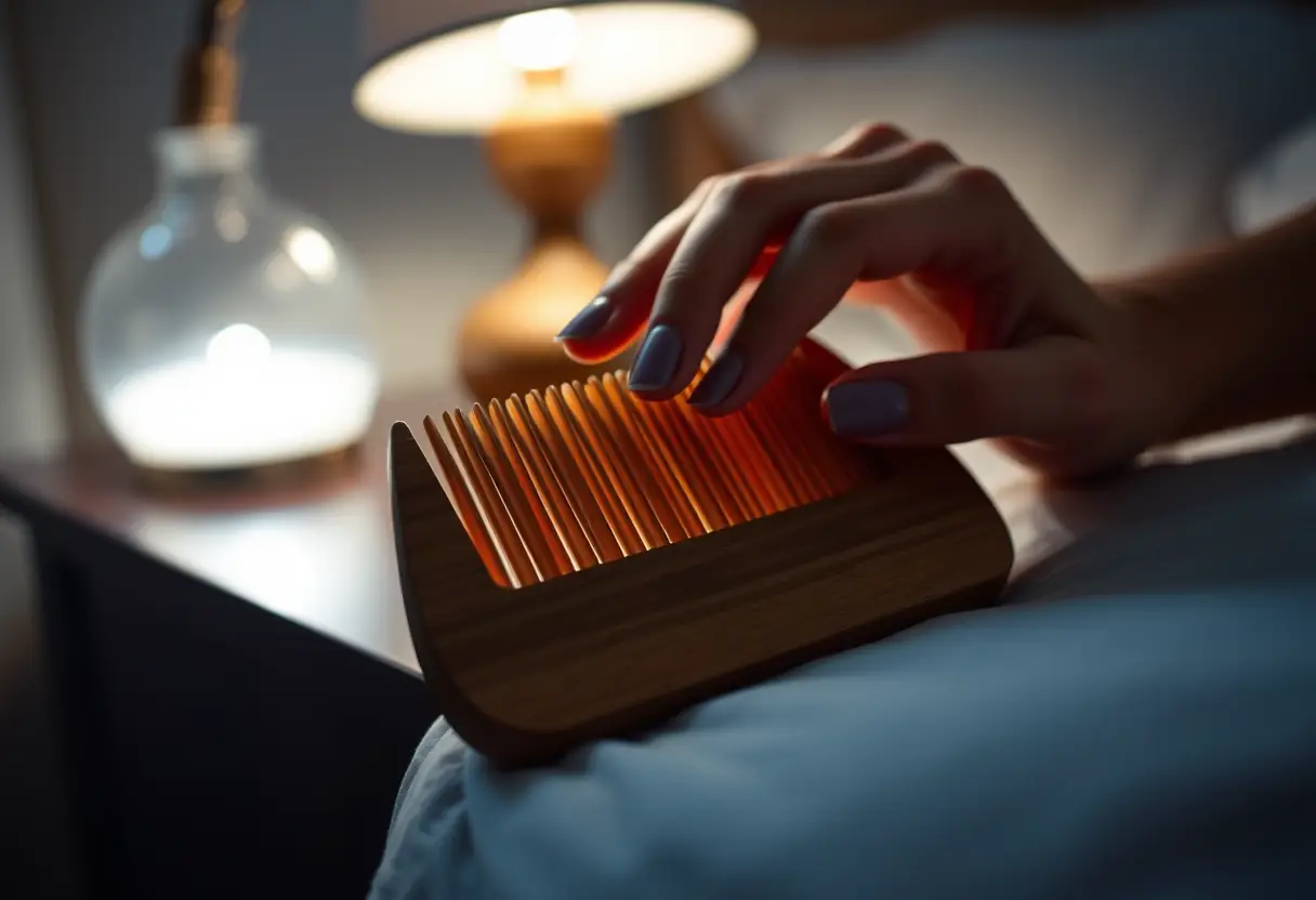 Un peigne en bois posé sur une table de nuit