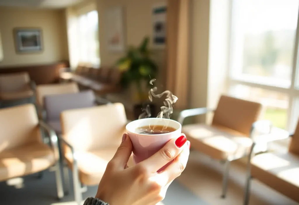 Une main tenant une tasse de thé parfumé dans une salle d'attente calme
