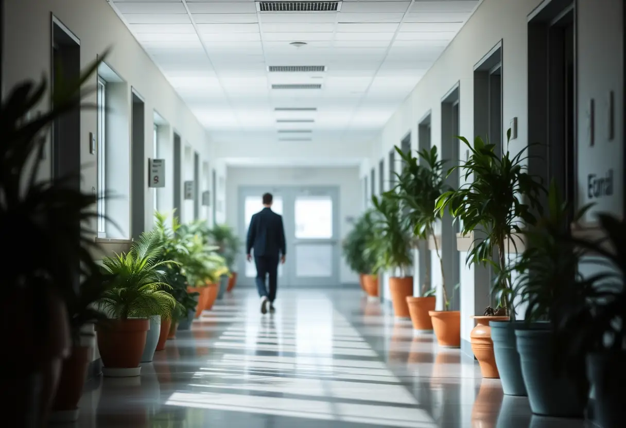 Un silhouetté marche dans un couloir d'hôpital avec des plantes en pot