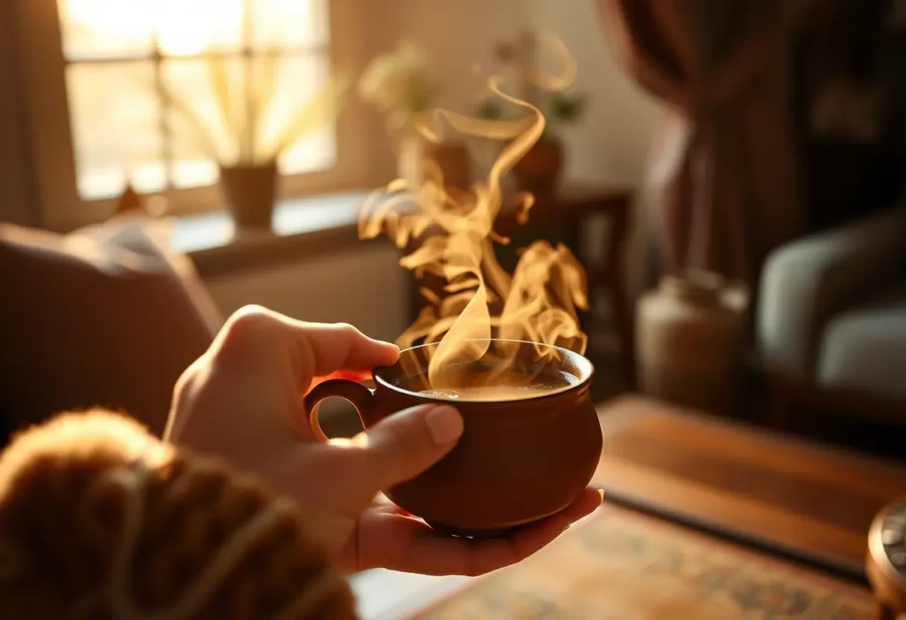 Une main féminine remue délicatement une tasse de thé chaud dans une pièce accueillante, évoquant bien-être et sérénité.