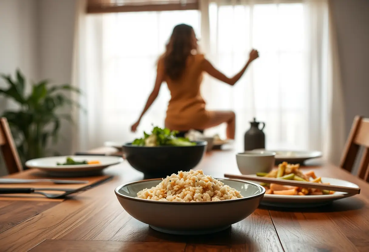 Un couvert simple et équilibré sur une table de bois, illustrant une alimentation saine et consciente.