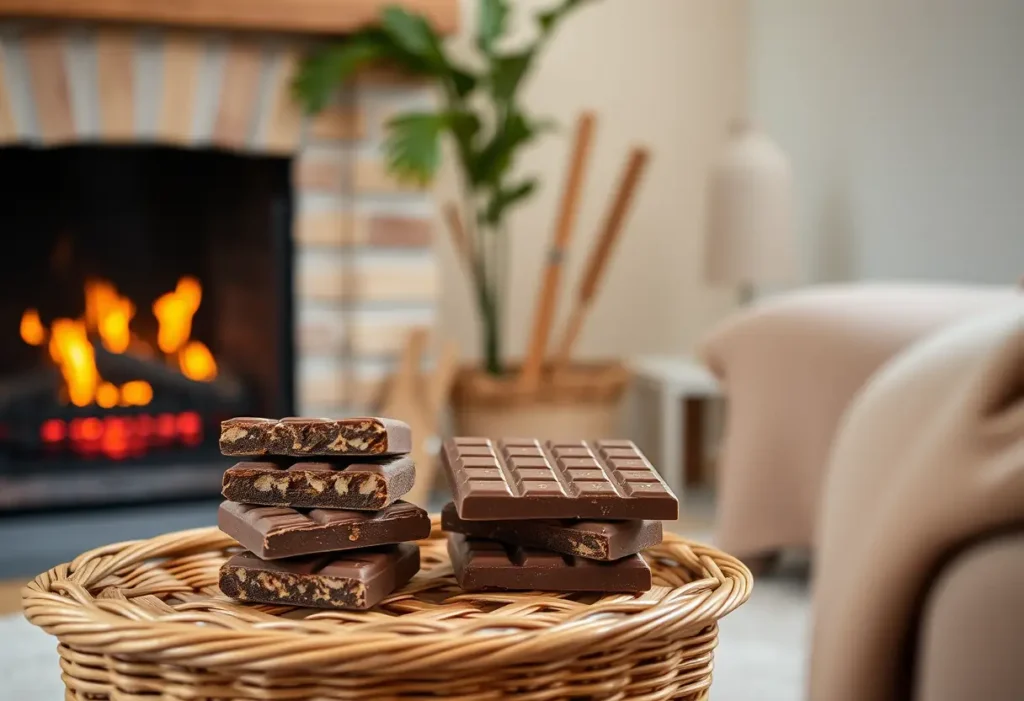Une pile de barres de chocolat posées sur un panier en osier dans un salon accueillant, près d'une cheminée crépitante.