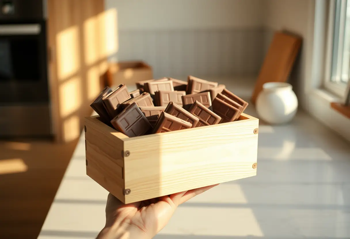 Une main tenant une boîte en bois avec des tablettes de chocolat au lait, dans une cuisine éclairée par la lumière du matin, bien-être féminin