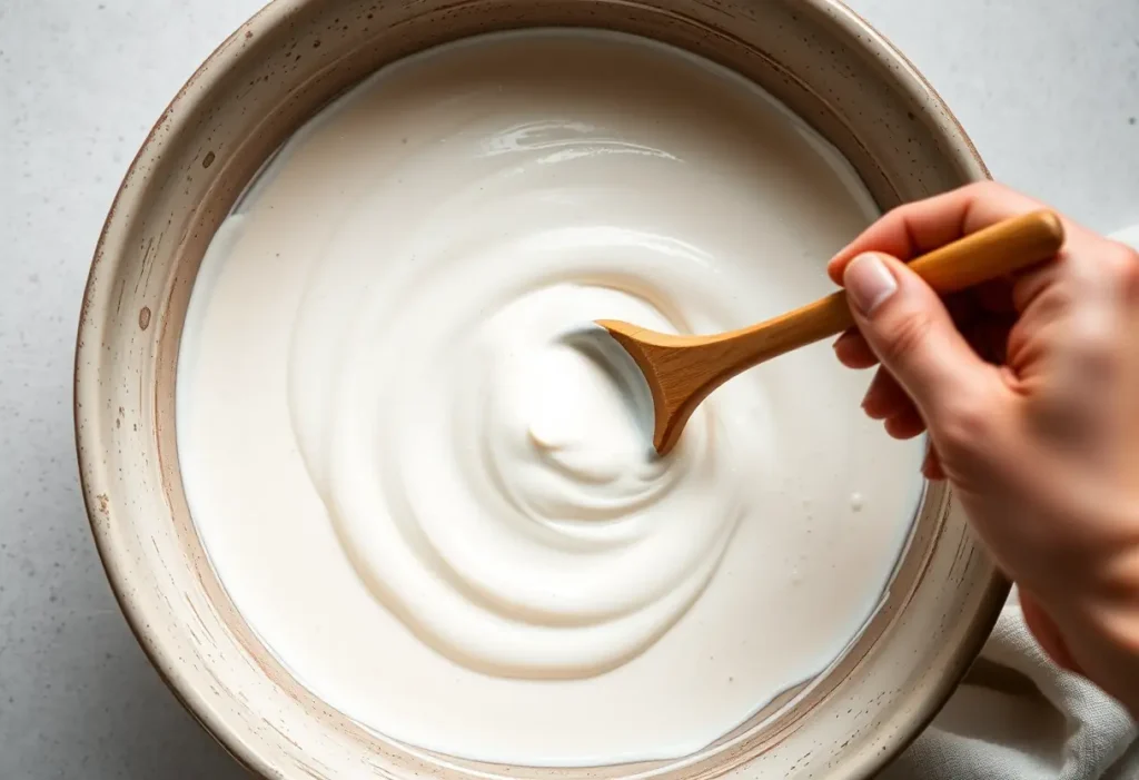 Main de quelqu'un qui remue une mixture blanche dans un grand bol, pour préparer du chocolat blanc