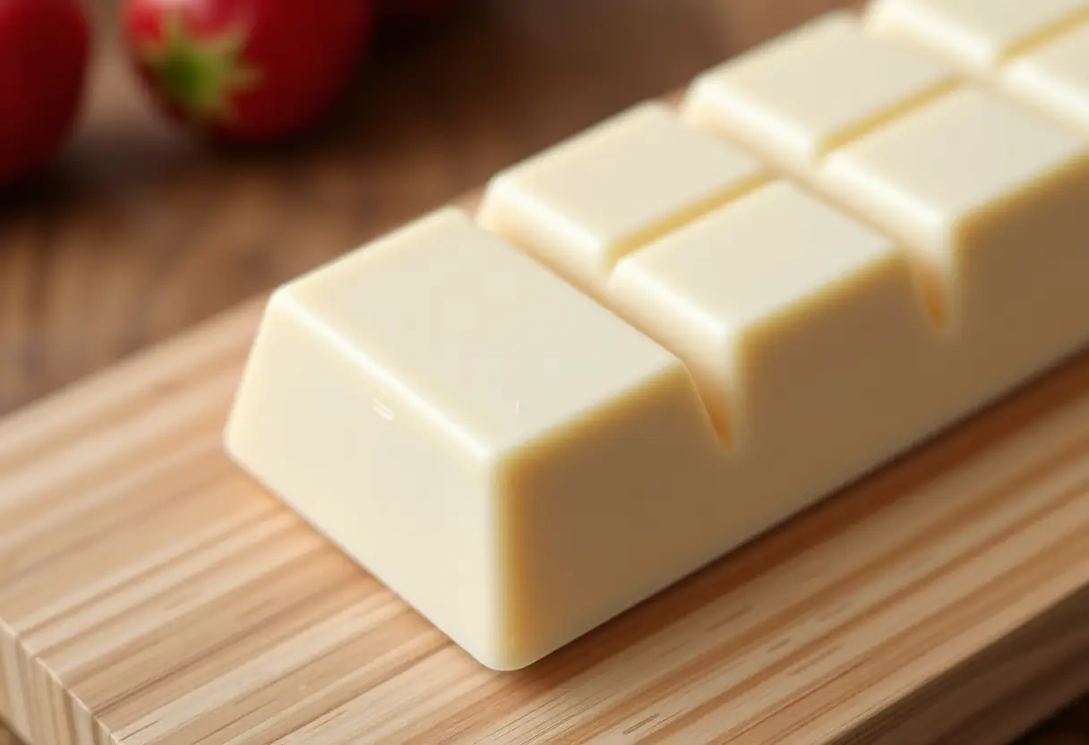 Barre de chocolat blanc posée sur un plan de travail en bois, soulignant sa texture riche