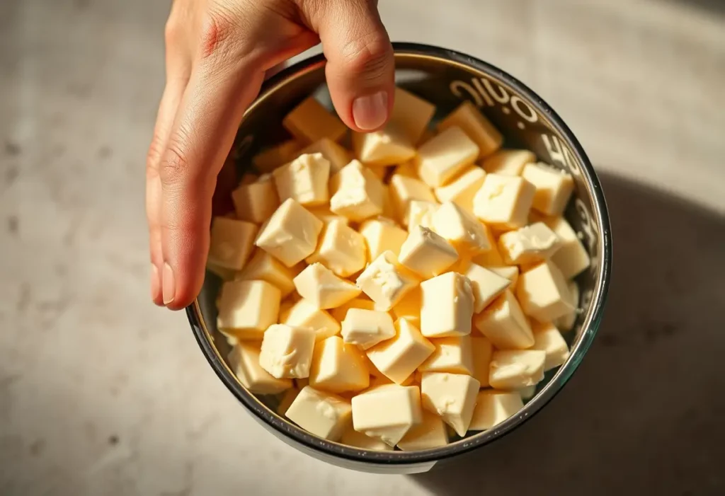 Une main qui remue une mixture de chocolat blanc crémeux, éclairée par une lumière tamisée