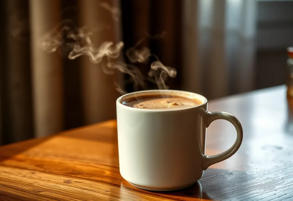 Une tasse de chocolat chaud posée sur une table en bois, éclairée par la lumière du soir