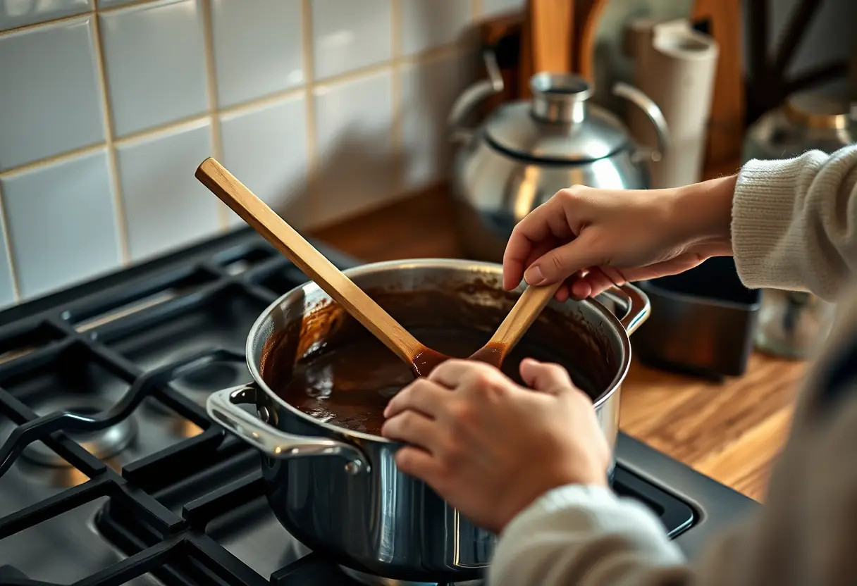 Des mains qui remuent délicatement une marmite de pâte de cacao dans une cuisine baignée de la lumière d'un abat-jour