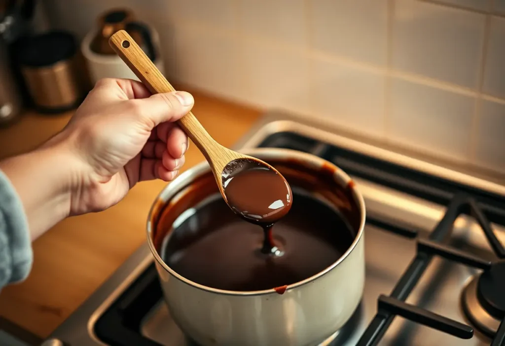 Une main tenant une cuillère en bois en train de remuer une sauce au chocolat noir dans une cuisine chaleureusement éclairée