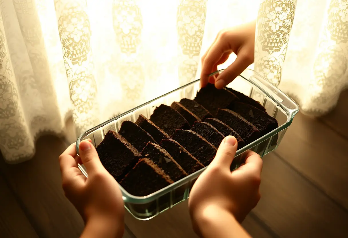 Des mains disposant des tranches d'un gâteau au chocolat noir dans un plat de verre, éclairé par la lumière douce filtrant à travers un rideau en dentelle