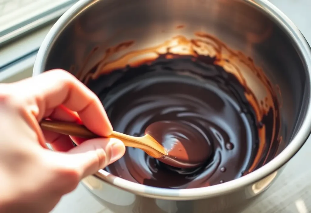 Une main tenant une cuillère en bois qui remue une pâte de chocolat noir, symbole de soin et de bien-être.