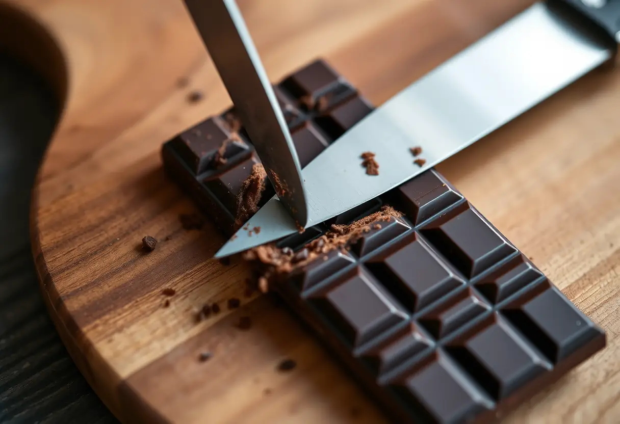 Un plan focal sur un plateau en bois avec un couteau tranchant une tablette de chocolat noir, représentation d'un moment de conscience de soi.