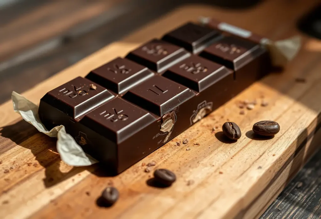 Vue rapprochée d'un bloc de chocolat noir partiellement déballé avec des fèves de cacao visibles, posé sur un plan de travail en bois rustique.