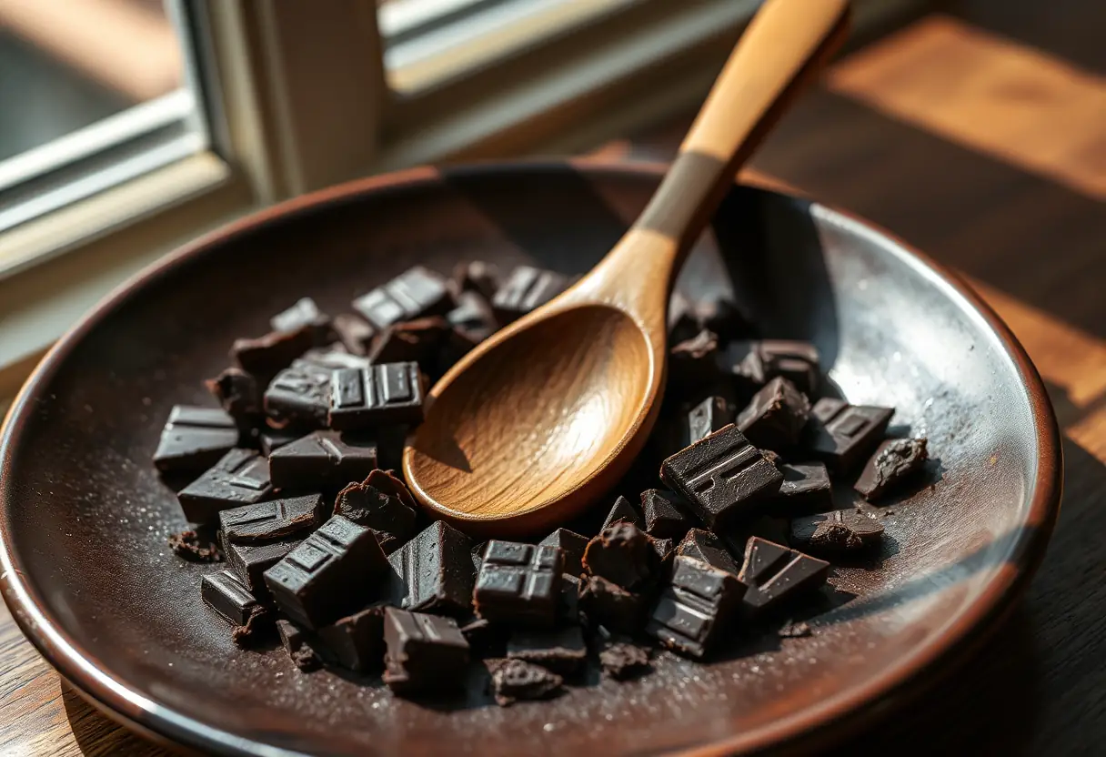 Un cuillère en bois repose sur une assiette brune remplie de morceaux de chocolat noir. La lumière naturelle souligne la texture riche du chocolat.