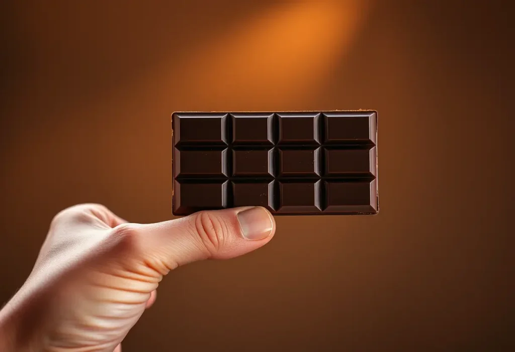 Une main tenant une tablette de chocolat noir