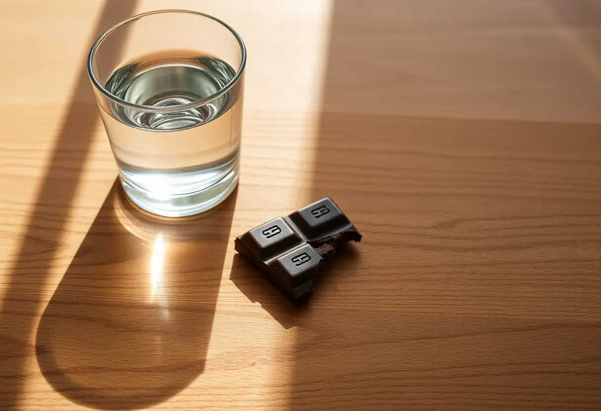 Un plateau de bois avec une tasse d'eau et un morceau de chocolat cassé