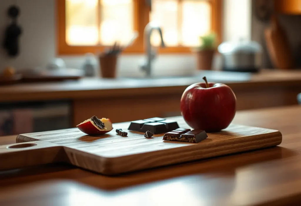 Un plan de travail en bois avec un morceau de chocolat cassé à côté d'une pomme moitié mangée dans une cuisine accueillante