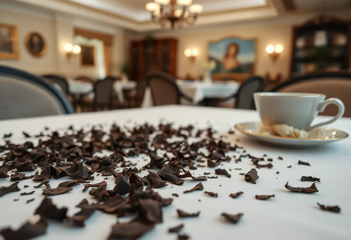 Des copeaux de chocolat noir sur une nappe blanche dans une salle à manger avec une tasse de thé à proximité