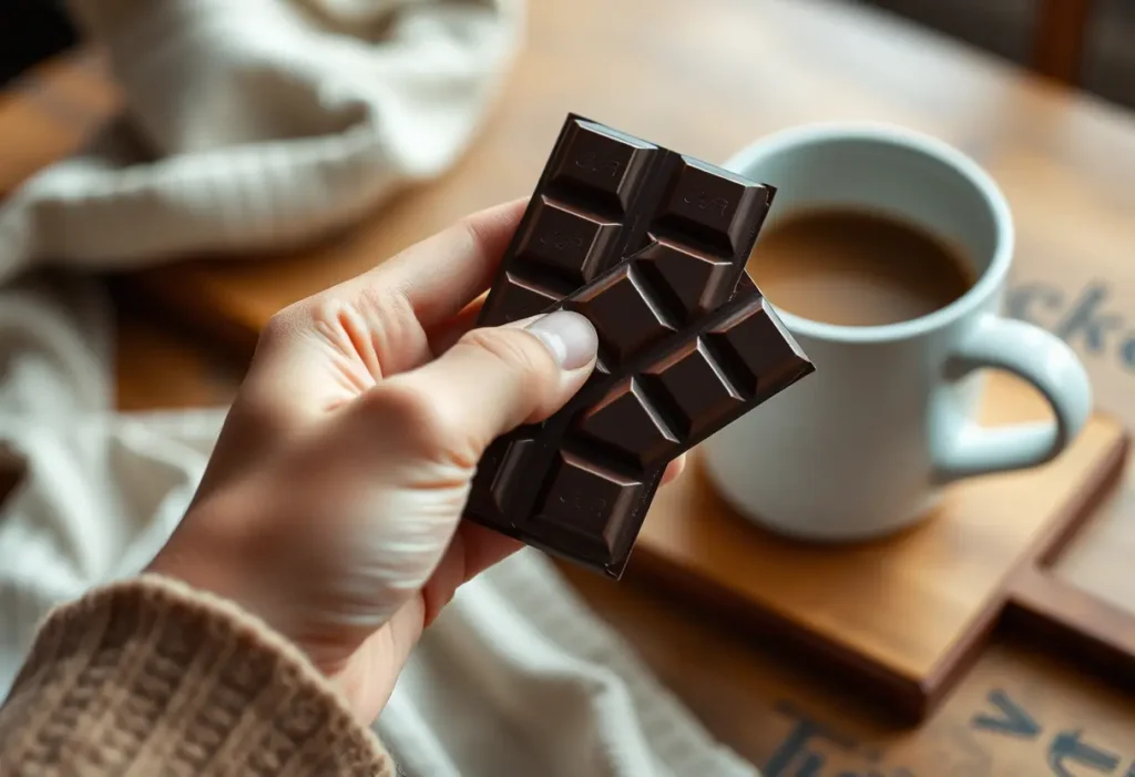 Une main tenant une tablette de chocolat brun foncé sur une table en bois, ambiance chaleureuse et accueillante