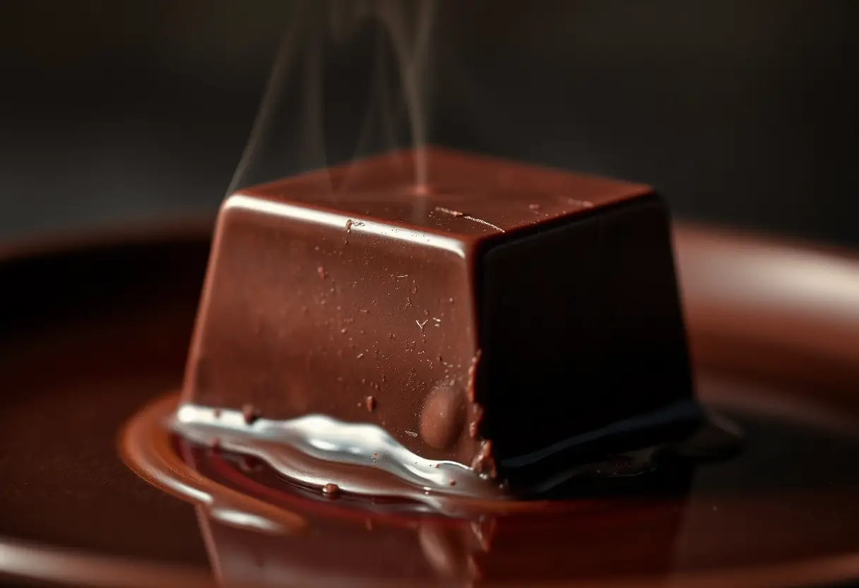 Prise de vue d’un morceau de chocolat foncé fondu légèrement sur une assiette, mettant en valeur la texture riche et chaude du chocolat