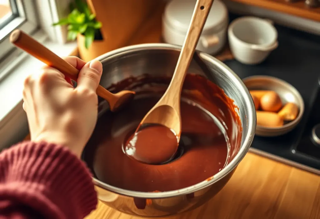 Main de femme tenant une cuillère en bois dans une cuisine