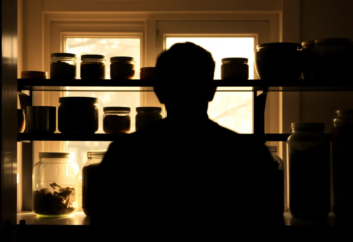 Silhouette devant une étagère de bocaux avec du chocolat noir