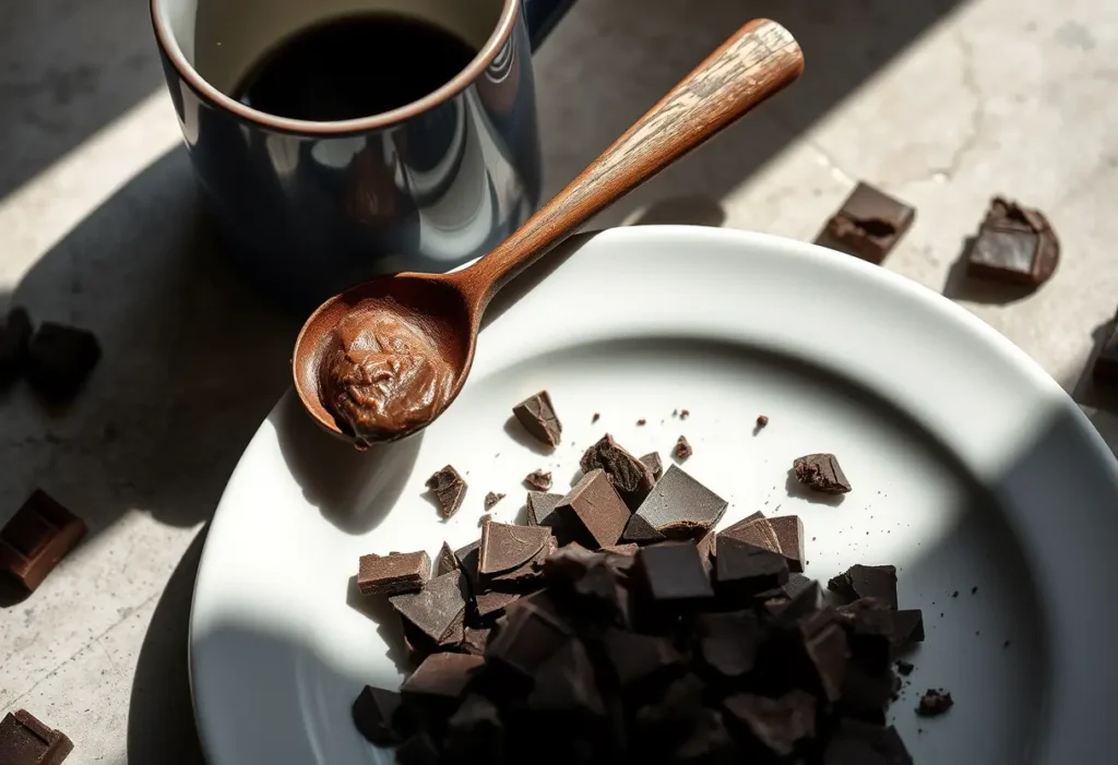 Une cuiller en bois posée sur une assiette de chocolat noir cassé, sans texte, éditorial, lumière naturelle