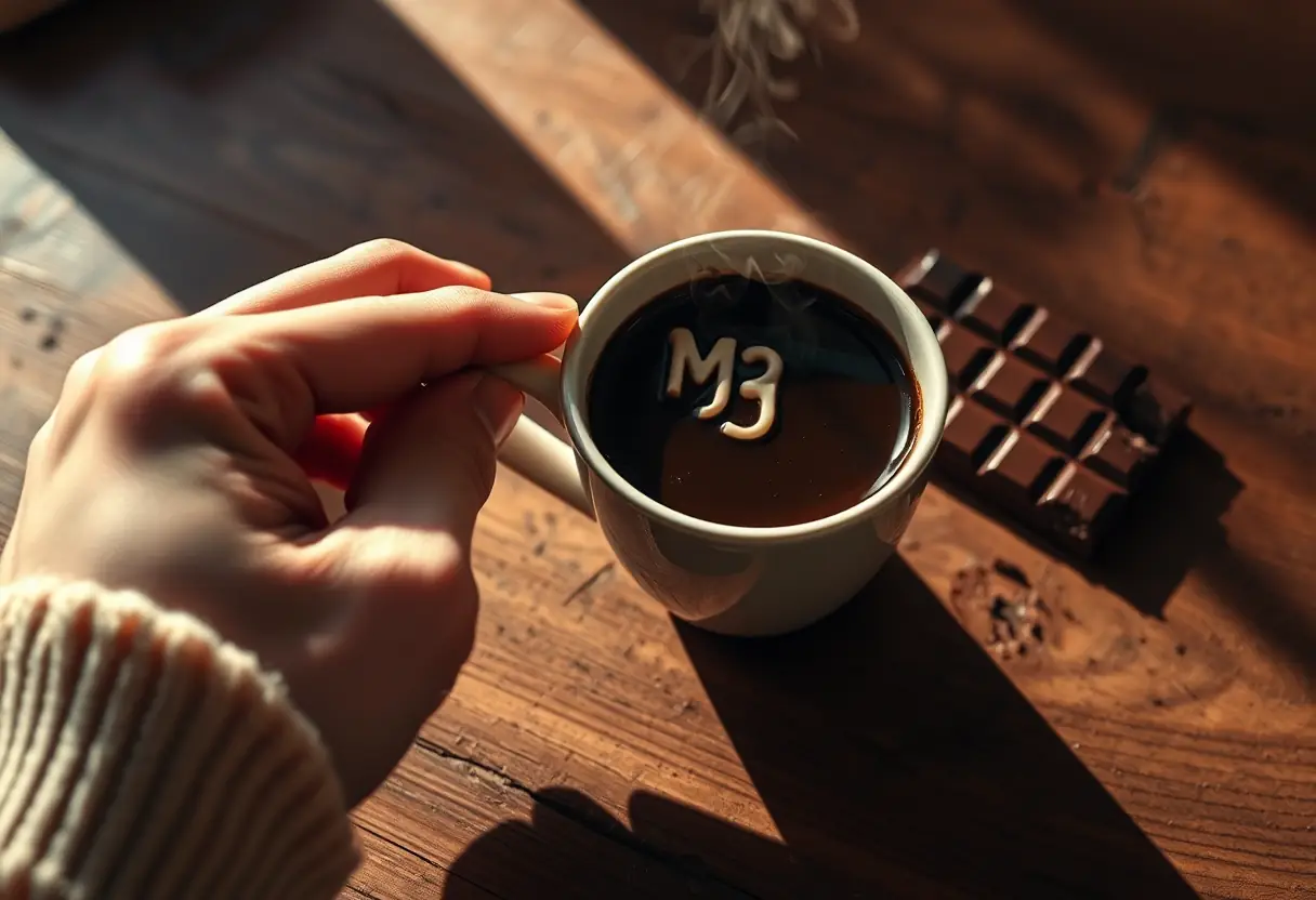 Une main tenant une tasse de chocolat chaud près d'un carré de chocolat noir, sans texte, éditorial, lumière naturelle