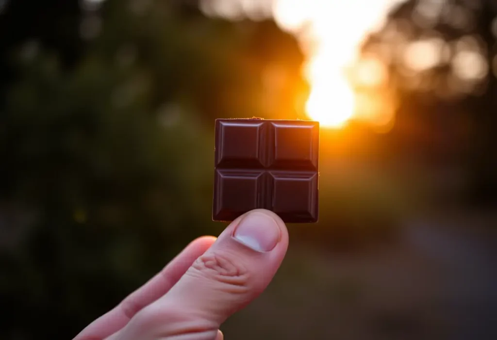 Une main tenant un carré de chocolat noir le soir, reflétant des teintes réconfortantes