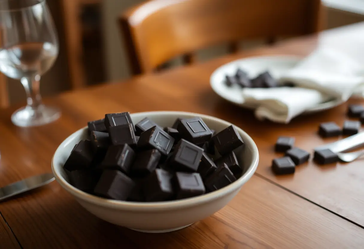 Un bol rempli de carrés de chocolat noir sur une table de bois, dans une lumière douce