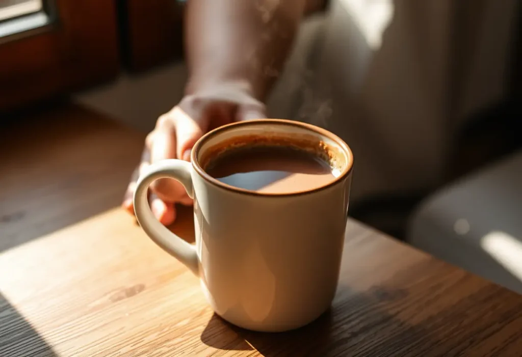 Un gobelet de chocolat chaud sur une table, sous la lumière du jour.