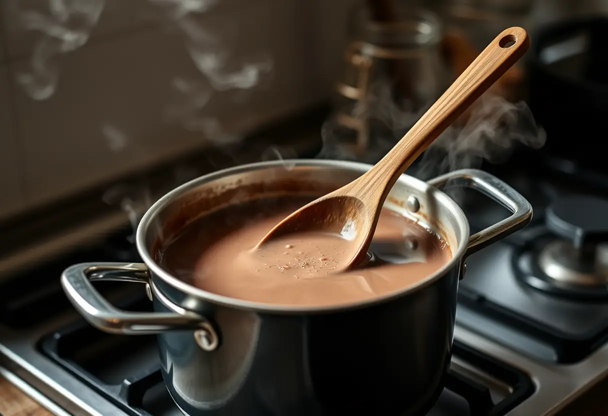 Cuillère en bois qui remue du chocolat chaud dans la cuisine.