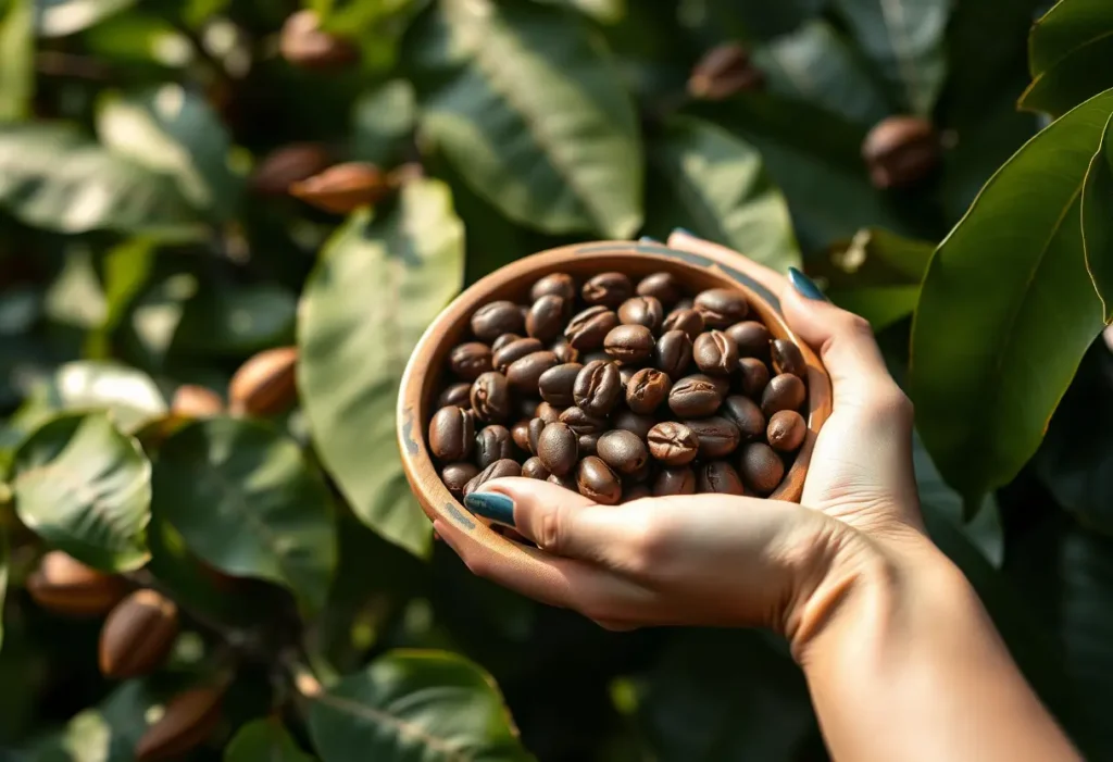 Une main féminine tenant un bol en bois rempli de fèves de cacao, éclairée naturellement