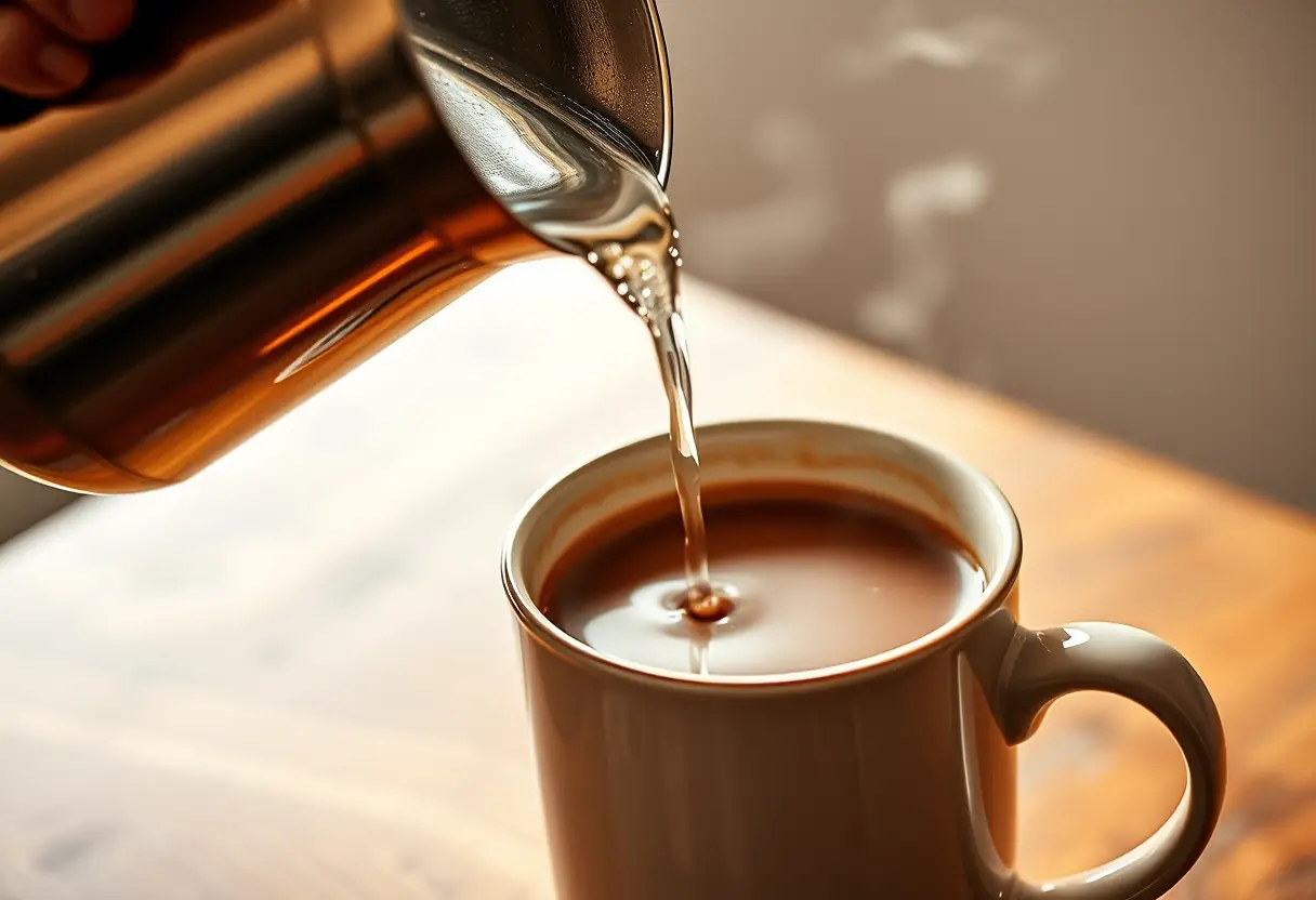 Prise de vue rapprochée d'une main versant de l'eau chaude dans une tasse en porcelaine contenant du chocolat chaud, éclairée naturellement