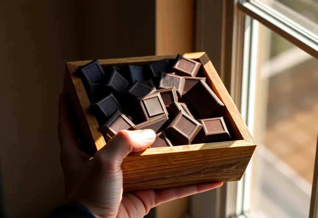Une main tenant une boîte en bois pleine de tablettes de chocolat, lumière naturelle