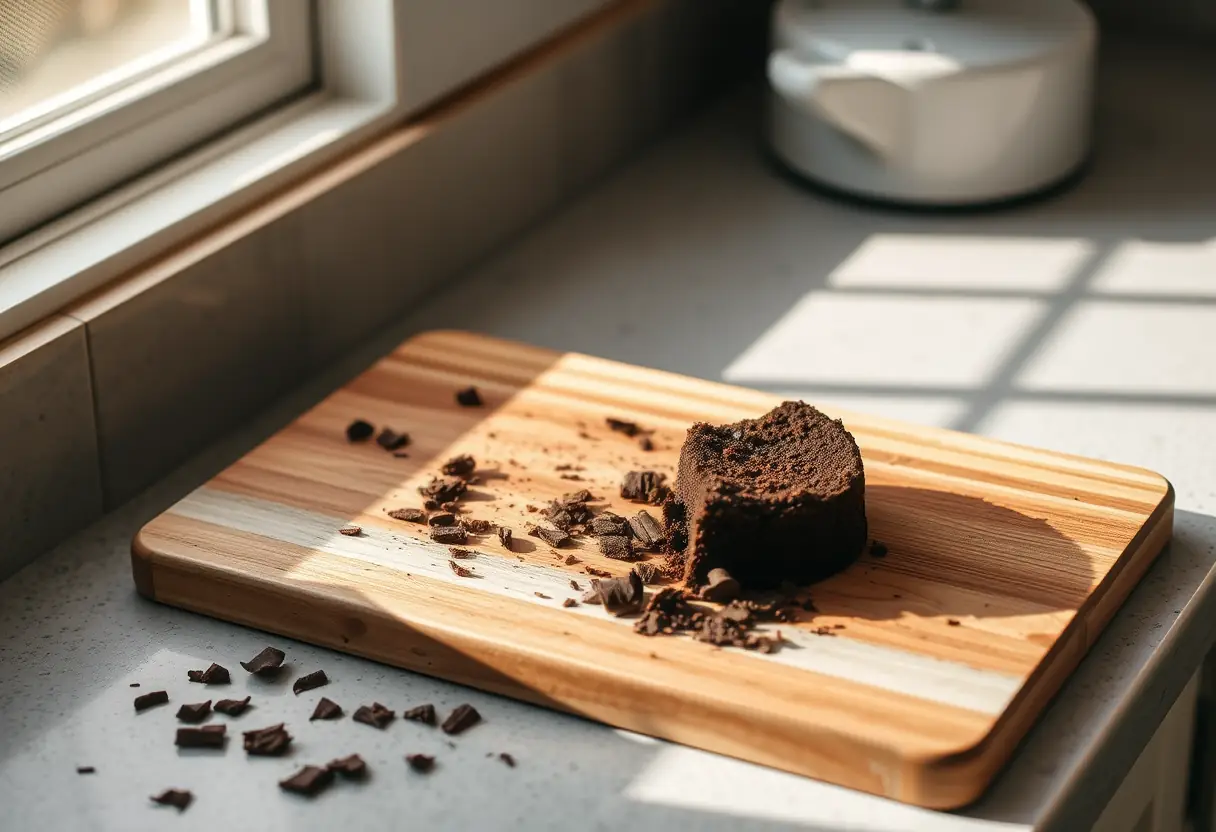 Un plan de travail de cuisine avec un plateau en bois portant un gâteau au chocolat entamé et des copeaux de chocolat, lumière matinale douce