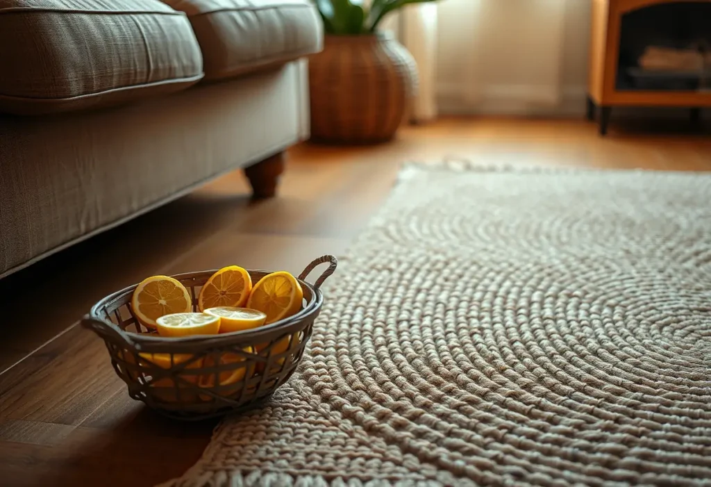 Un panier rempli de tranches de citron séchées près d'un tapis tressé dans un salon, éclairage doux mettant en valeur les bienfaits du thé vert au citron.